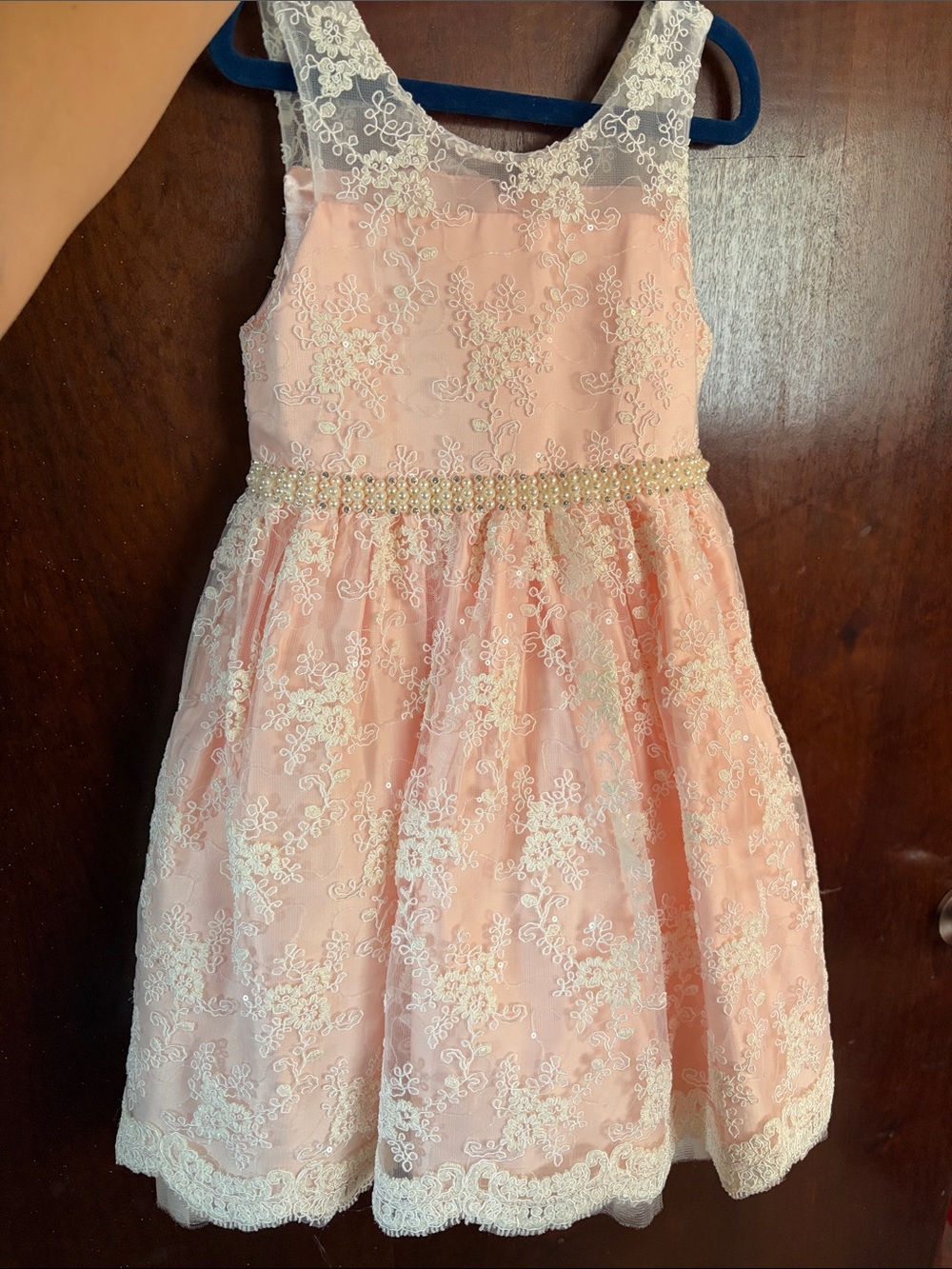 Girls Pink Lace Party Dress with Pearl Waistband